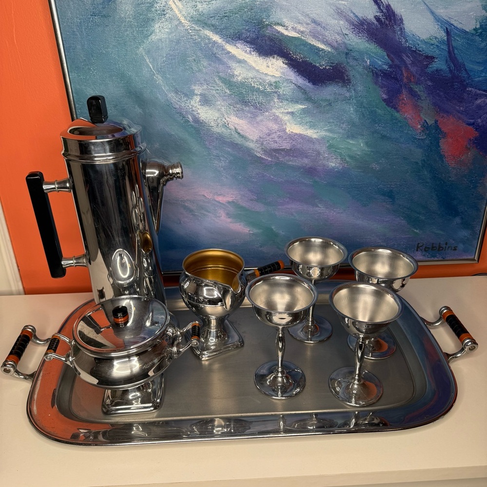 Vintage Midcentury Martini Set Art Deco Stainless Chrome Manning Bowman 8 Piece